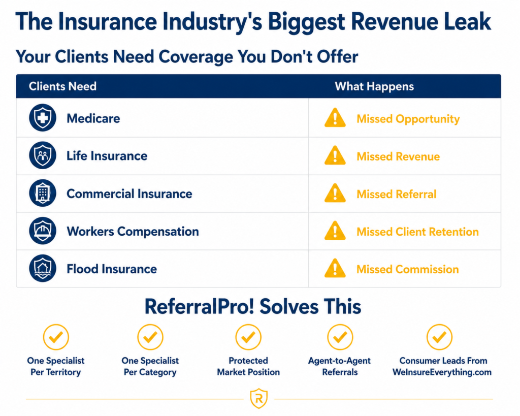 ReferralPro! infographic showing how insurance agents lose revenue when clients need coverage they do not offer, including Medicare, Life, Commercial, Workers Compensation, and Flood Insurance, and how ReferralPro! solves the problem through specialist referrals and consumer lead generation.